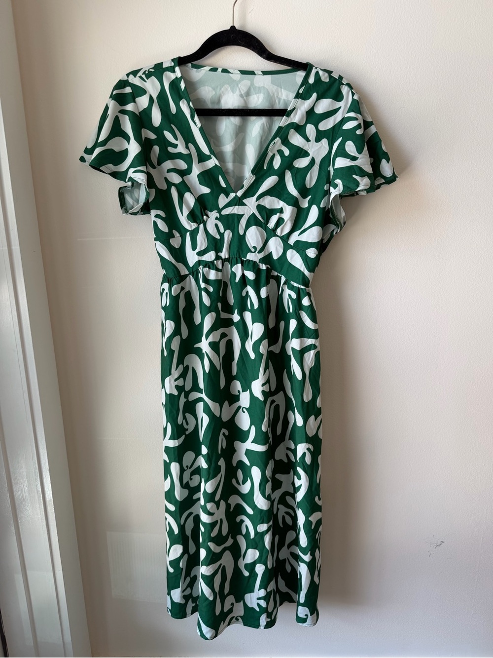 Green and White V-Neck Midi Dress